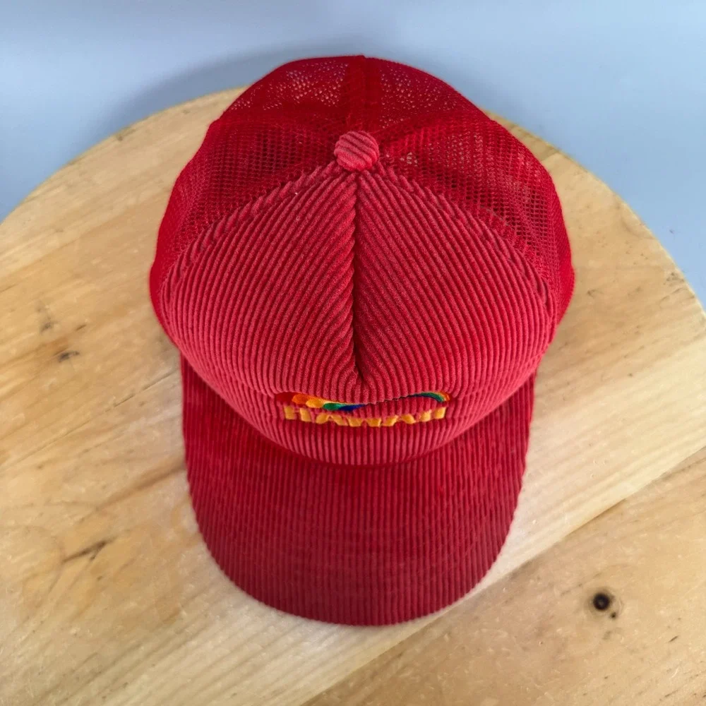 Vintage 1980's Hawaii Rainbow Corduroy Mesh Trucker Snapback Hat Red Hawaiian